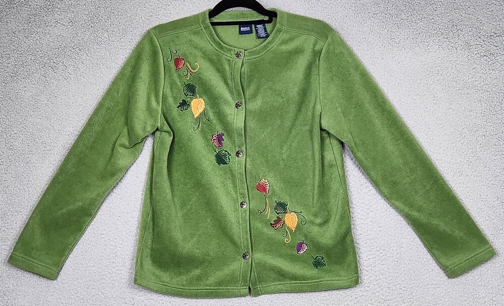 BASIC EDITIONS Sweater Womens Small Green Cardigan Embroidered Fall Leaves